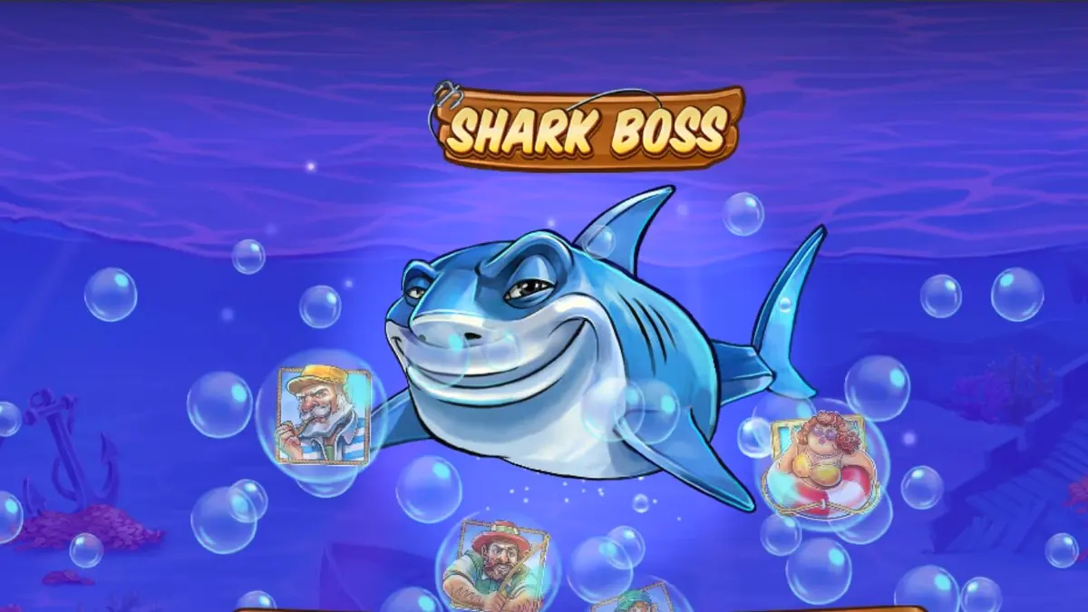 Shark Boss slot game interface showing the shark in a boat